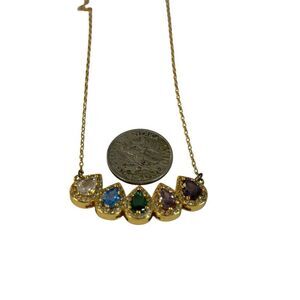 Elegant Gold Tone Multicolored Gemstone Teardrop Necklace